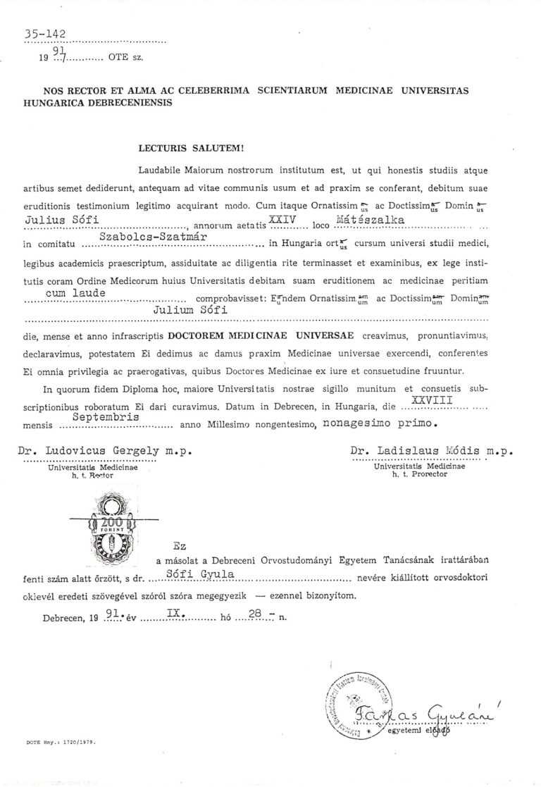 Dr. Sófi Gyula Orvosi diplomája